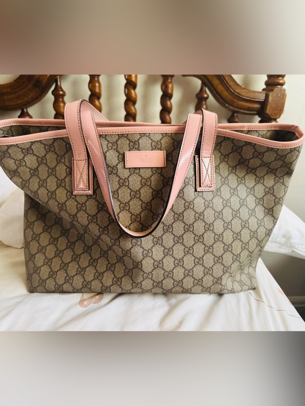 Gucci Beige GG Canvas Tote with Pink Trim